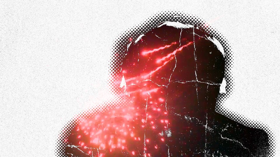 Silhouette with red light streaks over halftone texture, halfadedd “party girl”