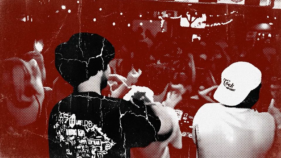 DJ and crowd in a red halftone frame from halfadedd “party girl”