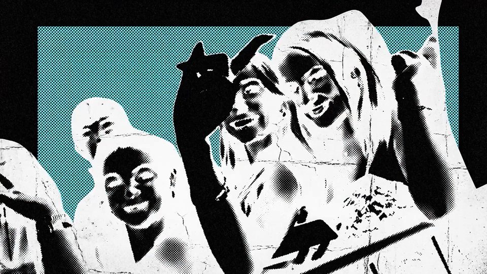 Inverted teal and white frame of people at a party, halfadedd “party girl”