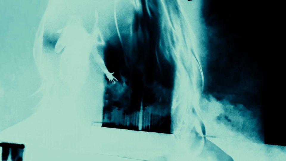 Inverted teal frame of a figure with long hair, Nettspend “F*CK SWAG” visual